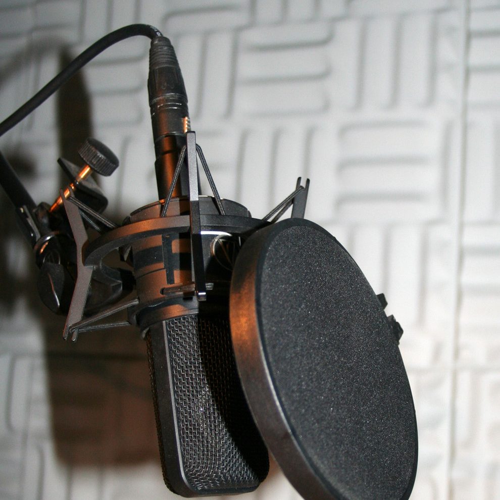 A studio condenser microphone with a pop shield in front of acoustic foam panels